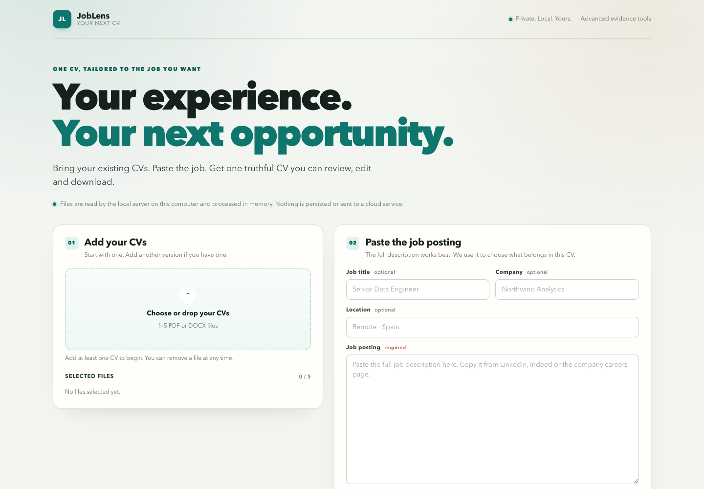 JobLens 2.0 create screen with fictional CV uploads and a synthetic job posting.