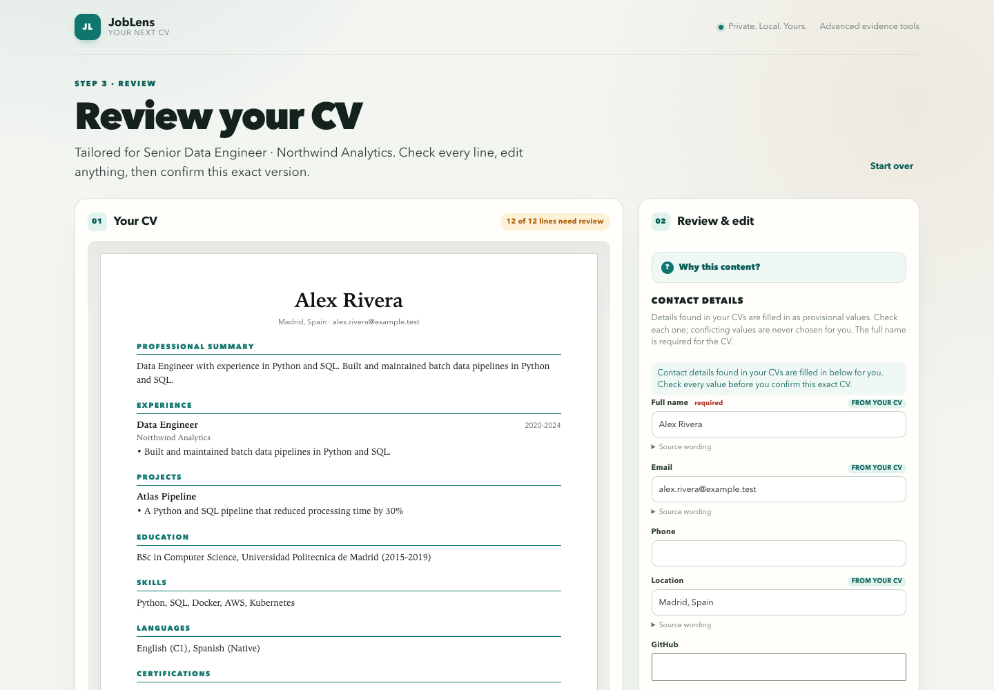 JobLens 2.0 review screen showing an editable tailored CV, contact details, review notes and export controls.